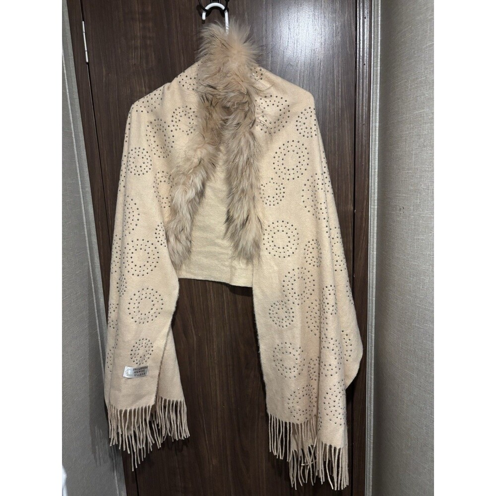 beige rhinestone-embellished Faux Fur Collar Shawl Cashmere And Wool Blend